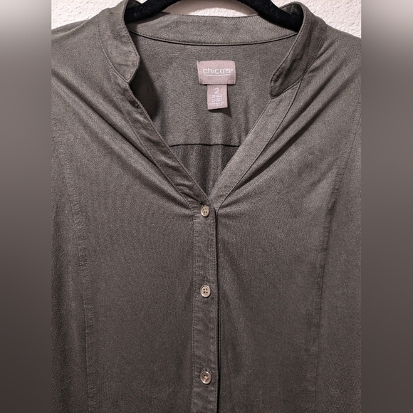 Chico's Olive Green Velvet Velour Long Sleeve Button-Up Shirt Size L - Picture 6 of 10